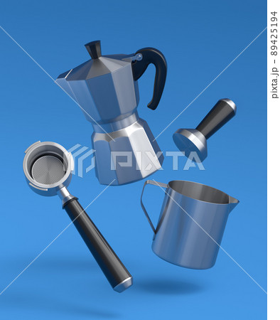 Espresso coffee machine with horn and geyser coffee maker on blue background. Espresso coffee machine with horn and geyser coffee maker on blue background. 89425194