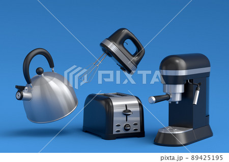 Espresso coffee machine, hand mixer, kettle and toaster on blue background. Espresso coffee machine, hand mixer, kettle and toaster on blue background. 89425195