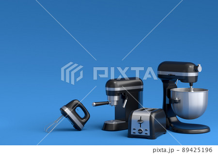 Espresso coffee machine, hand mixer, kettle and toaster on blue background. 89425196