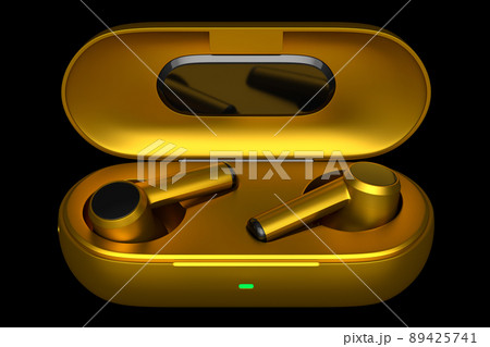 3D rendering of wireless earphones in base box on black background. Concept of headphones for workouts or listening streaming services 89425741