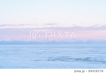 Winter landscape with mountains and Lake Baikal in Siberia at sunset. Natural background. 89426576