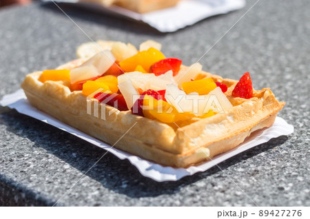 Waffle with fruits on the top. Waffle with fruits on the top. 89427276
