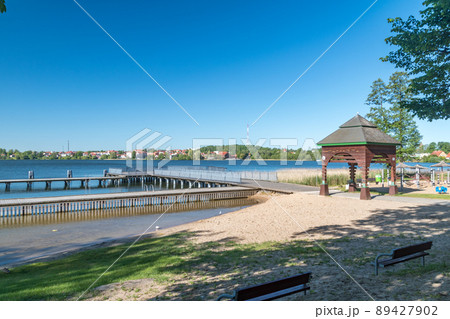 Empty city beach in Mragowo, Poland. 89427902