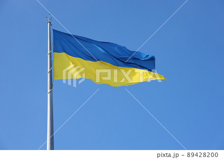 Ukrainian flag isolated on the blue sky with clipping path. Close up waving banner of Ukraine. Tall flag symbol of Ukraine, european country Ukrainian flag isolated on the blue sky with clipping path. Close up waving banner of Ukraine. Tall flag symbol of Ukraine, european country 89428200
