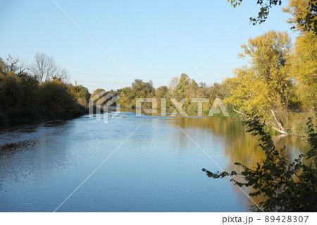 Beautiful autumn landscape with lake and multicoloral trees. Picturesque place with lake and tall trees 89428307