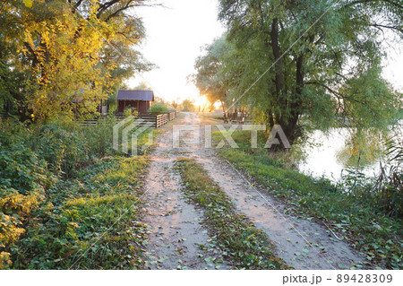 Beautiful autumn landscape with sunset among the green and orange trees. Picturesque place with lake 89428309