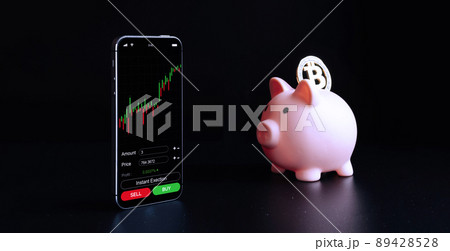Bitcoin wallet. Gold crypto currency BTC bitcoin, pink piggy bank. Crypto currency trading mobile phone application on black background. Save virtual money concept. Bitcoin wallet. Gold crypto currency BTC bitcoin, pink piggy bank. Crypto currency trading mobile phone application on black background. Save virtual money concept. 89428528