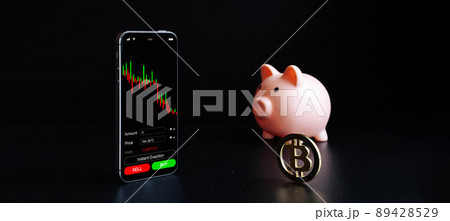 Bitcoin wallet. Gold crypto currency BTC bitcoin, pink piggy bank. Crypto currency trading mobile phone application on black background. Save virtual money concept. Bitcoin wallet. Gold crypto currency BTC bitcoin, pink piggy bank. Crypto currency trading mobile phone application on black background. Save virtual money concept. 89428529