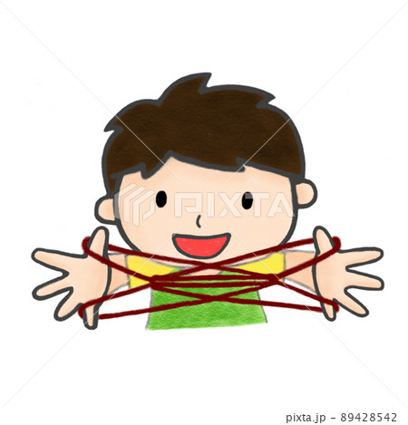 色鉛筆手描きイラスト あやとり男の子カエルのイラスト素材 [89428542