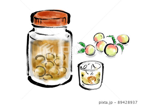 梅の実とグラスに入った梅酒と瓶で漬けた梅酒の手描き和風イラスト 89428937