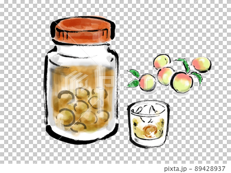 梅の実とグラスに入った梅酒と瓶で漬けた梅酒の手描き和風イラスト 89428937
