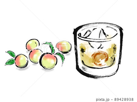 梅の実とグラスに入った梅酒の手描き和風イラストのイラスト素材 4238
