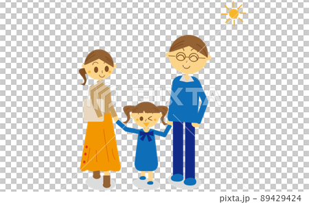晴れの日の休日に親子3人で仲良く手を繋いでお出かけしているイラスト・3人家族・一人っ子 晴れの日の休日に親子3人で仲良く手を繋いでお出かけしているイラスト・3人家族・一人っ子 89429424