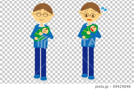 育児休暇中に赤ちゃんをあやす男性・泣き止まずに困っている様子 育児休暇中に赤ちゃんをあやす男性・泣き止まずに困っている様子 89429846