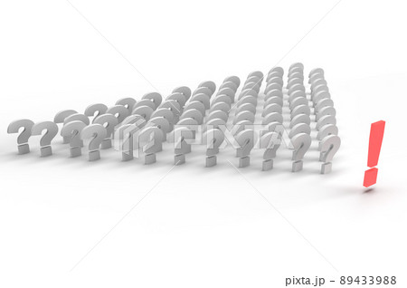 3d render of a row of question marks with a red exclamation mark on a white background. 3d render of a row of question marks with a red exclamation mark on a white background. 89433988