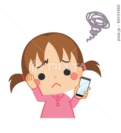 スマホを持って悩んでいる可愛い女の子のイラスト　白背景　クリップアート　上半身　ベクター 89435660