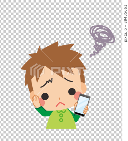 スマホを持って悩んでいる可愛い小さな男の子のイラスト　白背景　クリップアート　上半身　ベクター 89435661