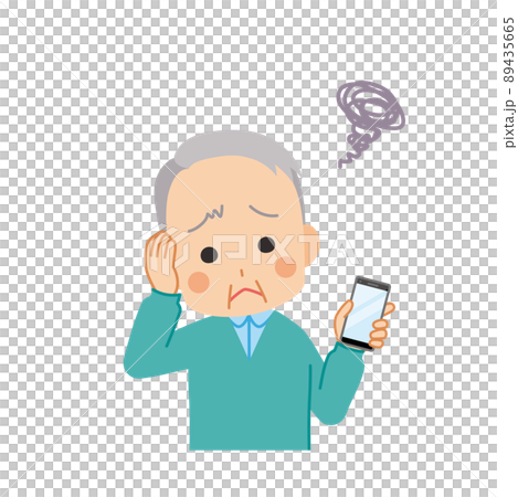Illustration of a cute senior man who is worried about holding a smartphone White background Clip art Upper body vector 89435665