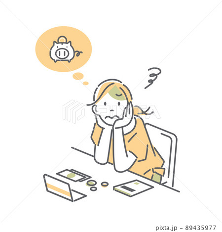 お金のやり繰りに苦労する女性　シンプルでお洒落な線画イラスト 89435977