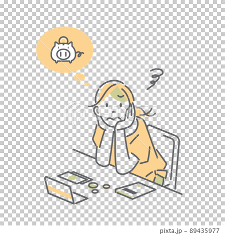 お金のやり繰りに苦労する女性　シンプルでお洒落な線画イラスト 89435977