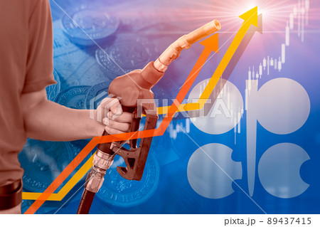 OPEC logo sign symbol for Crude oil prices fuel gas cost up rising high concept. OPEC logo sign symbol for Crude oil prices fuel gas cost up rising high concept. 89437415