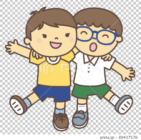 肩組みをして楽しそうに歩く、仲良しのお友達同士(男の子) 肩組みをして楽しそうに歩く、仲良しのお友達同士(男の子) 89437576