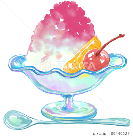 イチゴのかき氷とフルーツの水彩イラスト 89440527