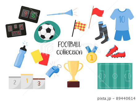Football elements set. Vector collection of soccer game objects isolated on white background. Flat illustration of ball for football sport game, equipment and cloth Football elements set. Vector collection of soccer game objects isolated on white background. Flat illustration of ball for football sport game, equipment and cloth 89440614