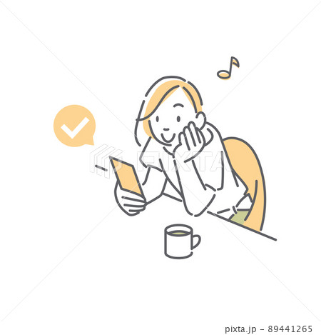 カフェでスマホを操作する女性　シンプルでお洒落な線画イラスト 89441265