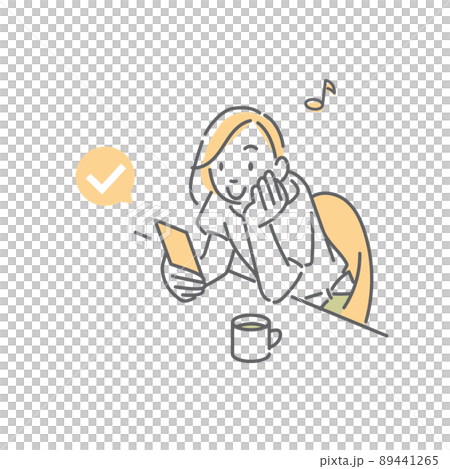 カフェでスマホを操作する女性　シンプルでお洒落な線画イラスト 89441265