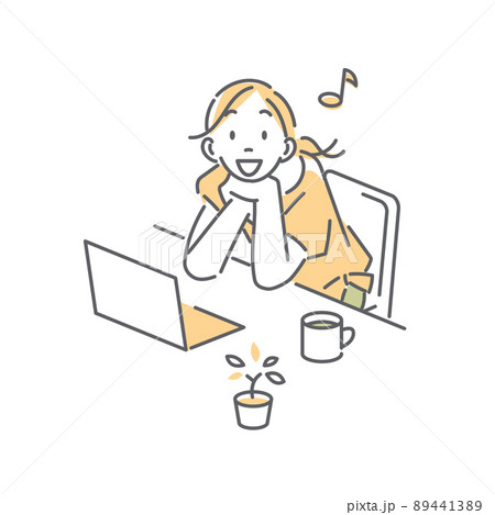自宅でパソコン作業をする女性　シンプルでお洒落な線画イラスト 89441389