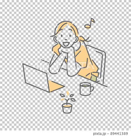 自宅でパソコン作業をする女性　シンプルでお洒落な線画イラスト 89441389