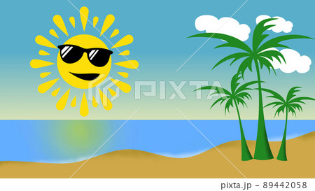 A smiling sun with beautiful sunglasses, in the background a beach with three palm trees A smiling sun with beautiful sunglasses, in the background a beach with three palm trees 89442058