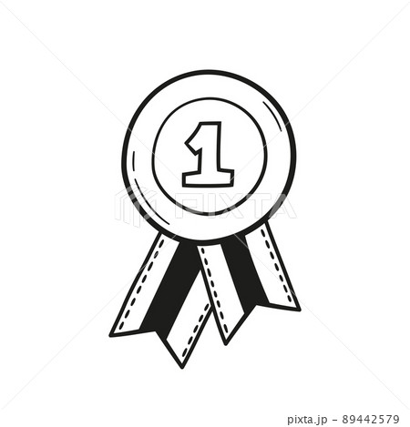 Award rosette doodle icon. Hand drawn medal with first place as winner concept. Vector sketch illustration on white background 89442579