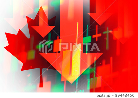 Dropping arrows showing decreasing trend in economy in global crisis or downtrend of stocks on the stock exchange in Canada. March 2022, San Francisco, USA 89443450