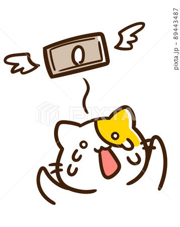 お金が飛んでいくのを悲しむねこのキャラクターの手書き風イラスト 89443487