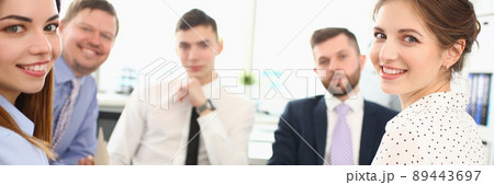 Portrait of smart colleagues discussing important biz topic that can determine corporation 89443697
