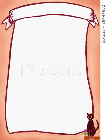 バック白に手描き風巻物やリボンと猫をあしらった、チラシや色んなお知らせなどに使える背景素材 89444662