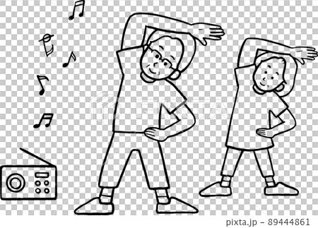 ラジオ体操をする高齢者のイラスト 線画のみ 89444861