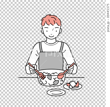 一個年輕人在碗裡端上沙拉的插圖 89445375