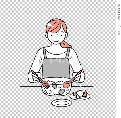 Illustration of a young woman serving salad in a bowl 89445378