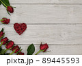 Red Roses Over Wood and red heart Background, Horizontal, Copy Space 89445593