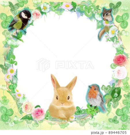 四葉のクローバーとシロツメクサの水彩画風フラワーリースと小鳥とシマリスとうさぎのイラスト 四葉のクローバーとシロツメクサの水彩画風フラワーリースと小鳥とシマリスとうさぎのイラスト 89446705