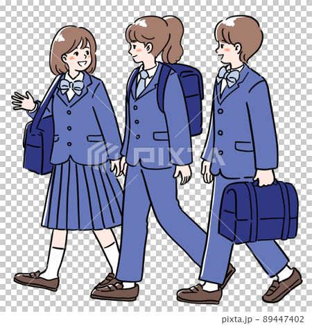 Illustration of a student wearing a genderless uniform and going to school Illustration of a student wearing a genderless uniform and going to school 89447402
