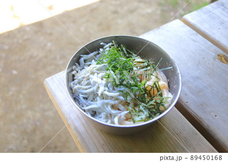 アウトドアで食べるしらすたらこうどん 89450168