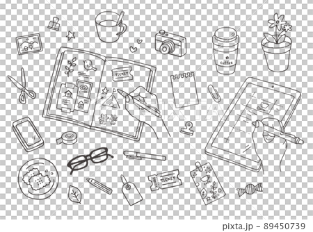 Illustrations of scraps and notes on notebooks and tablets (monochrome) 89450739