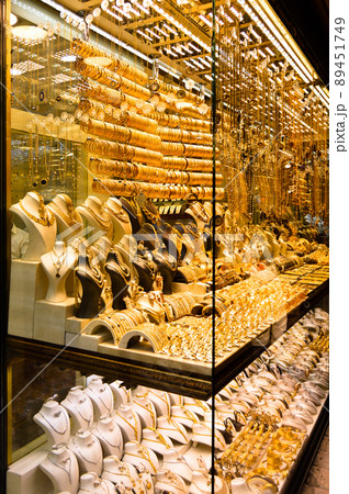 Bracelets on a show window jewelry store, turkish gold shop 89451749