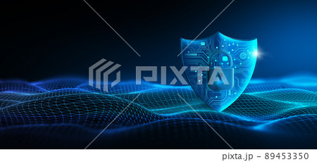 Shield with Padlock icon on Network wireframe with Abstract background. Virus Protection, Cyber attack block, Cyber Security, and Information privacy Concept. 3D illustration. 89453350