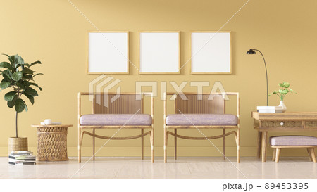 Square poster mockup with Three  frames on the empty yellow wall in living room interior, Living room, 3D Rendering 89453395