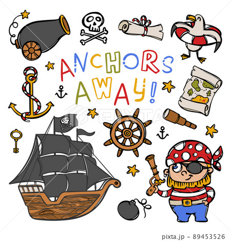 PIRATE AND CORVETTE Sailboat With Black Sails And Other Sea Travel Attributes Hand Drawn Cartoon Stickers Vector Illustration Collection For Design And Print 89453526
